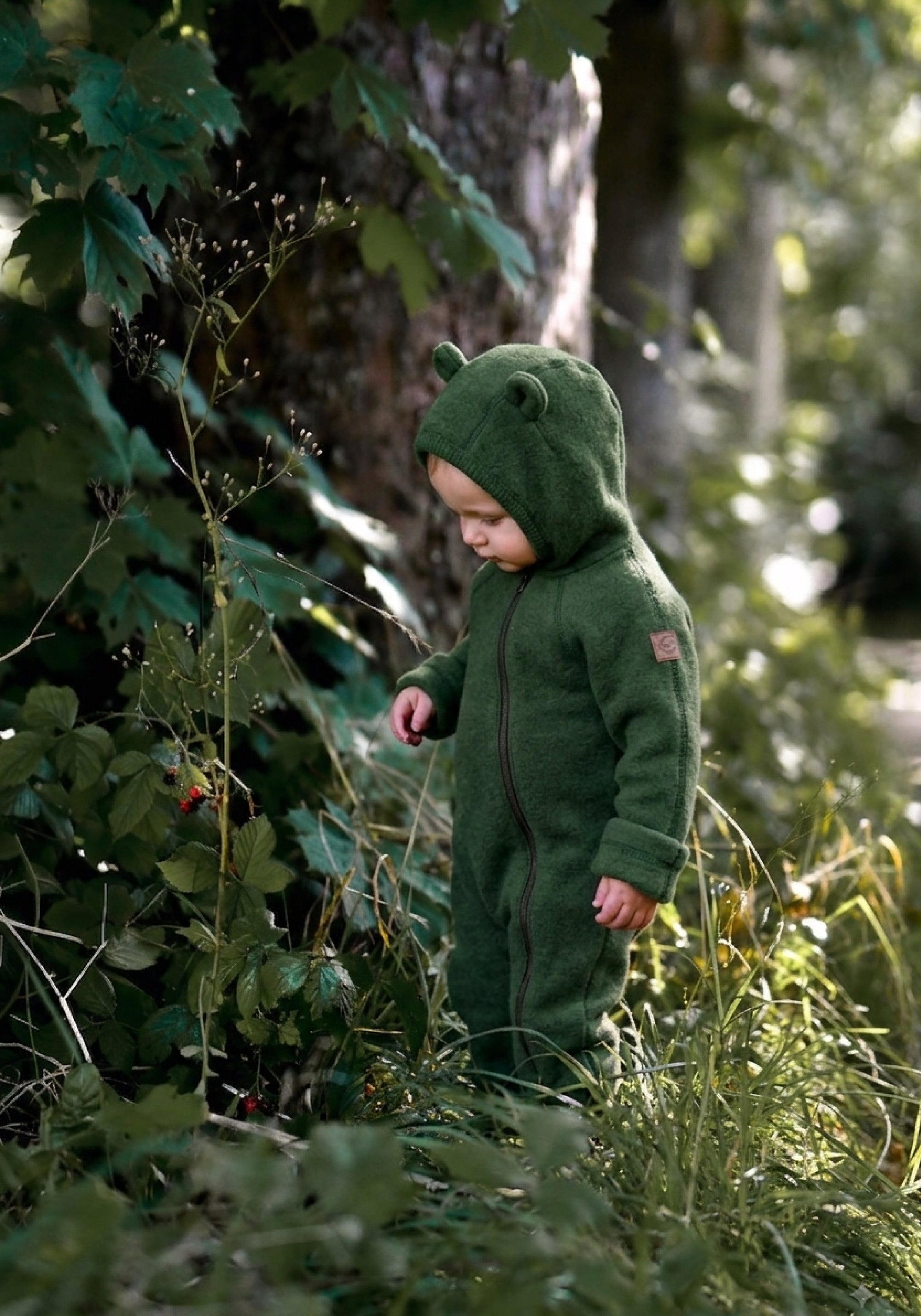 Salopetă cu mănuși și botoși fleece din lână merinos - Teddy Kombu Green