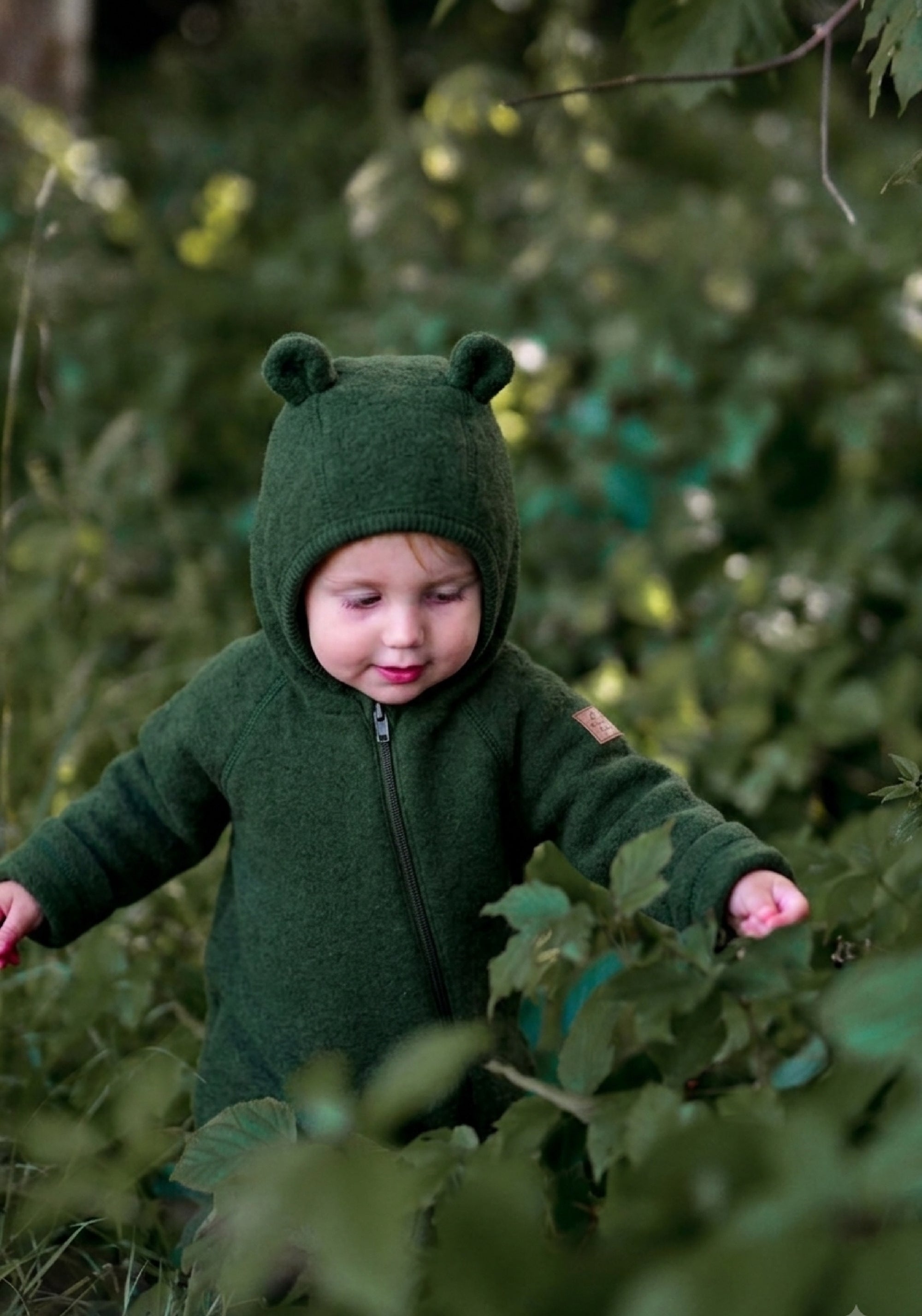 Salopetă cu mănuși și botoși fleece din lână merinos - Teddy Kombu Green