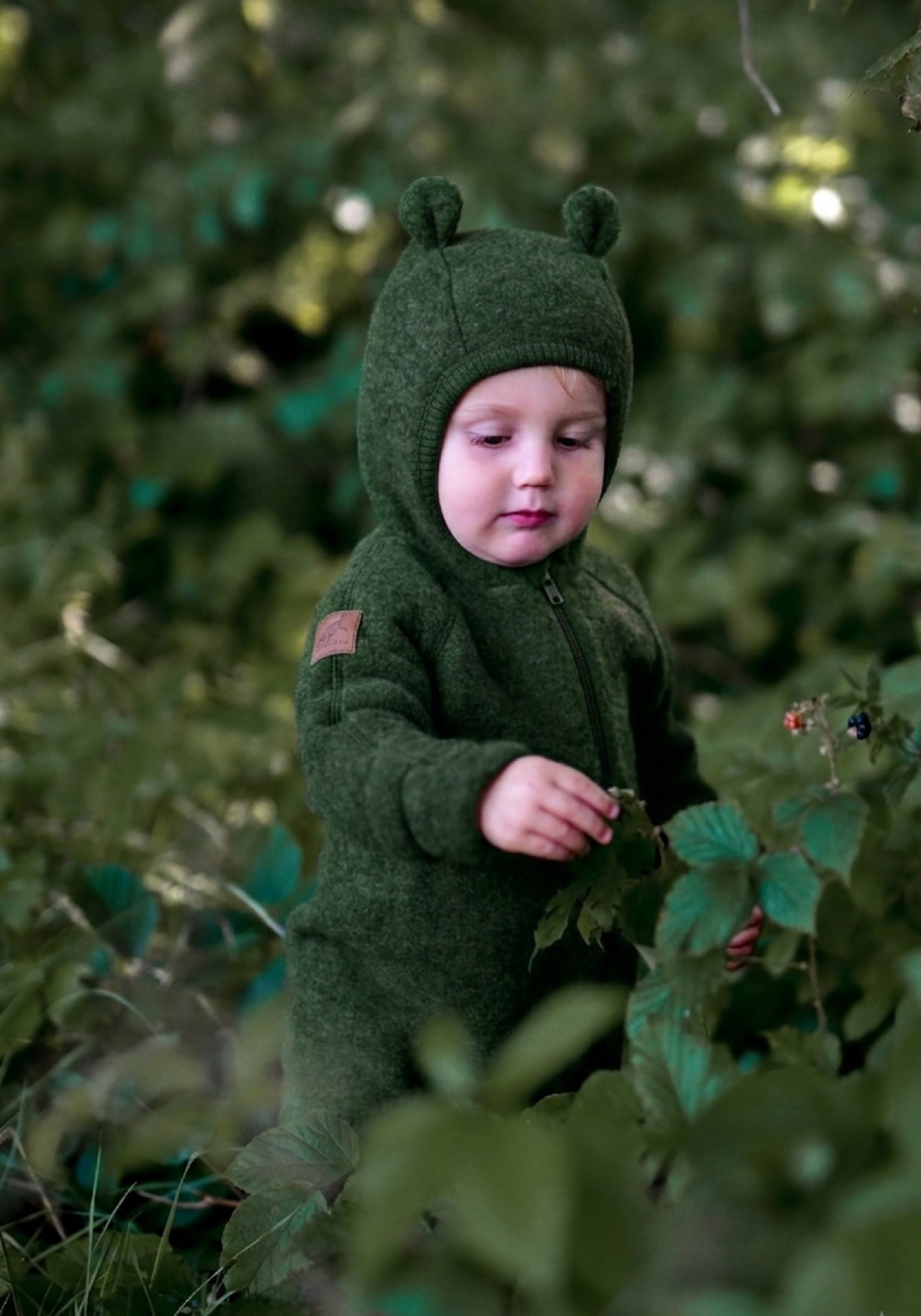 Salopetă cu mănuși și botoși fleece din lână merinos - Teddy Kombu Green