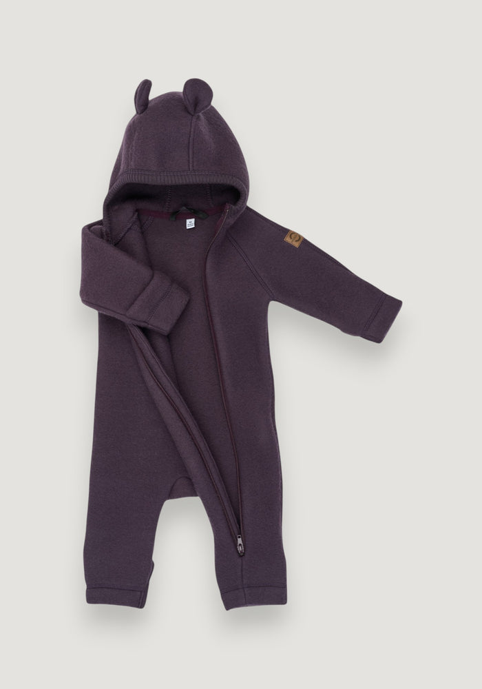 Salopetă cu mănuși și botoși fleece din lână merinos - Teddy Plum Perfect