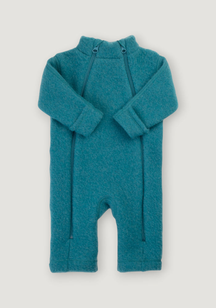 Salopetă cu mănuși și botoși fleece din lână merinos - Turquoise
