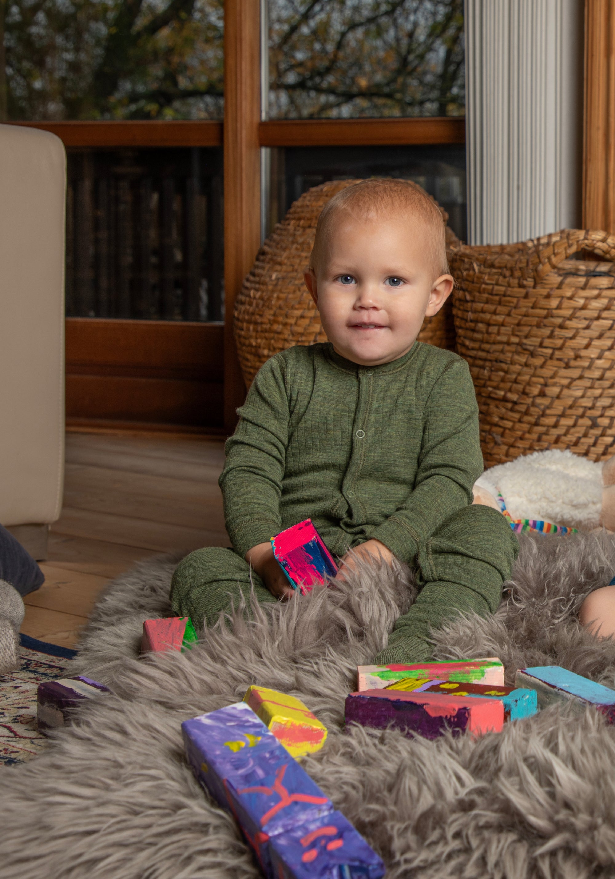 Salopetă cu șosete din lână merinos - Basic Dark Olive