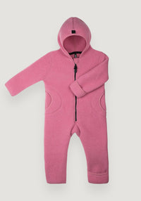 Salopetă fleece cu botoși și mănuși din lână merinos - Dusty Pink 62/68
