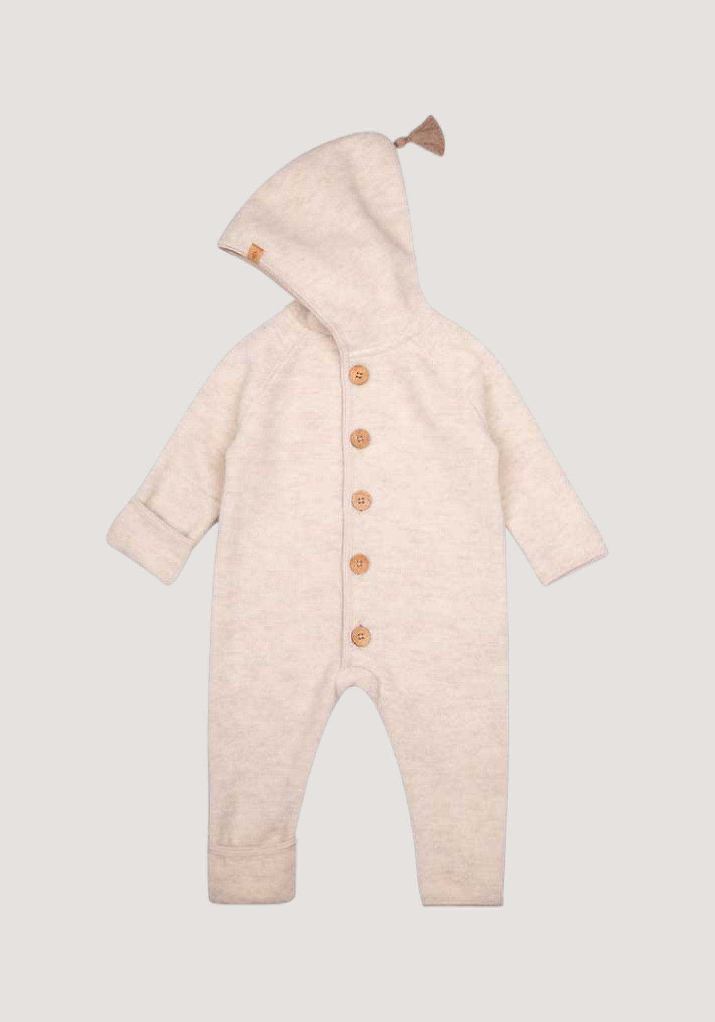 Salopetă fleece cu botoși și mănuși din lână merinos și bumbac - White