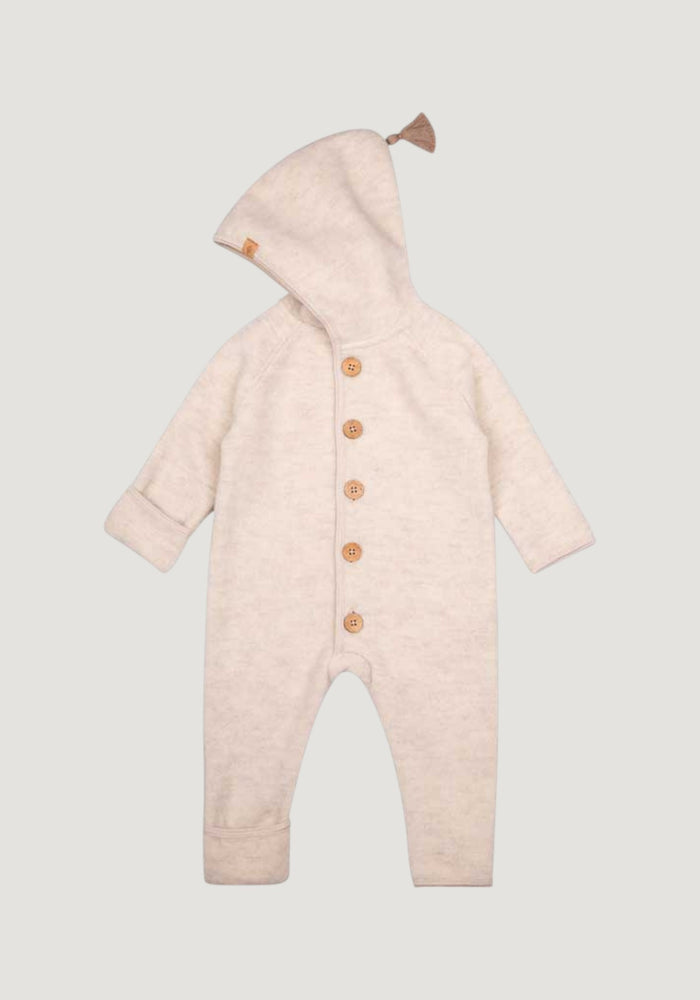 Salopetă fleece cu botoși și mănuși din lână merinos și bumbac - White