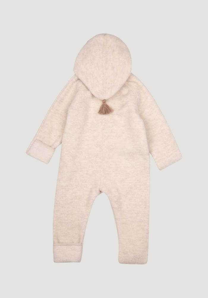 Salopetă fleece cu botoși și mănuși din lână merinos și bumbac - White