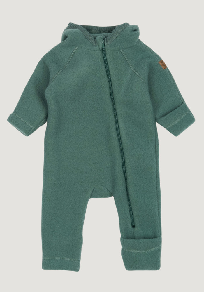 Salopetă fleece cu glugă, mănuși și botoși din lână merinos - Teddy Bear Balsam Green