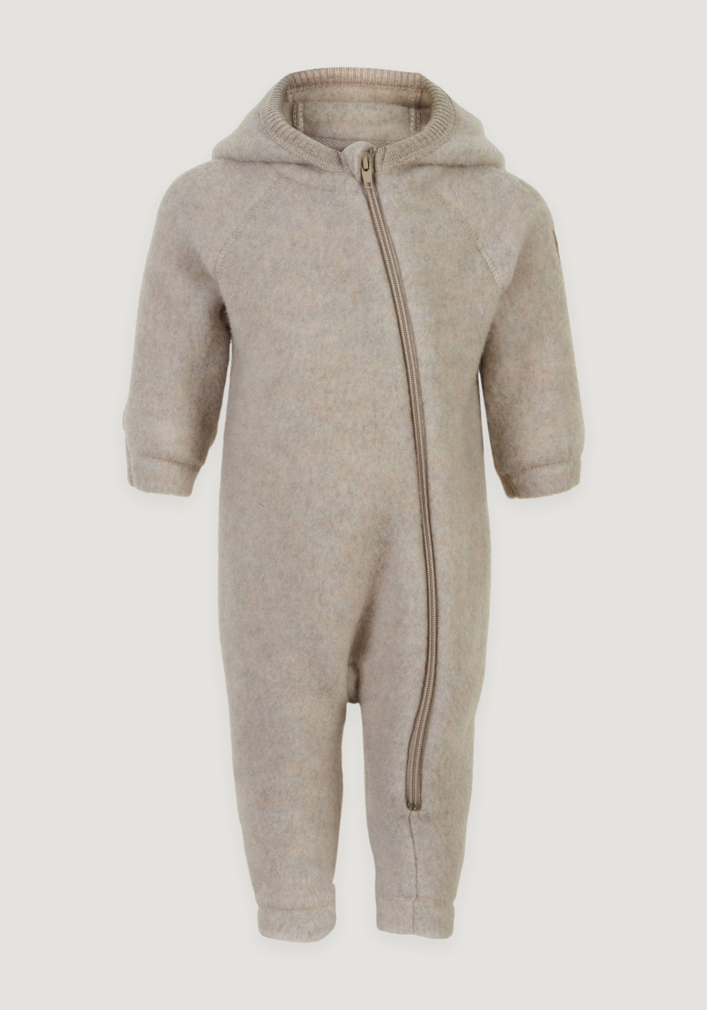 Overall fleece cu glugă, mănuși și botoși din lână merinos - Teddy Bear Melange Offwhite Mikk-line HipHip.ro