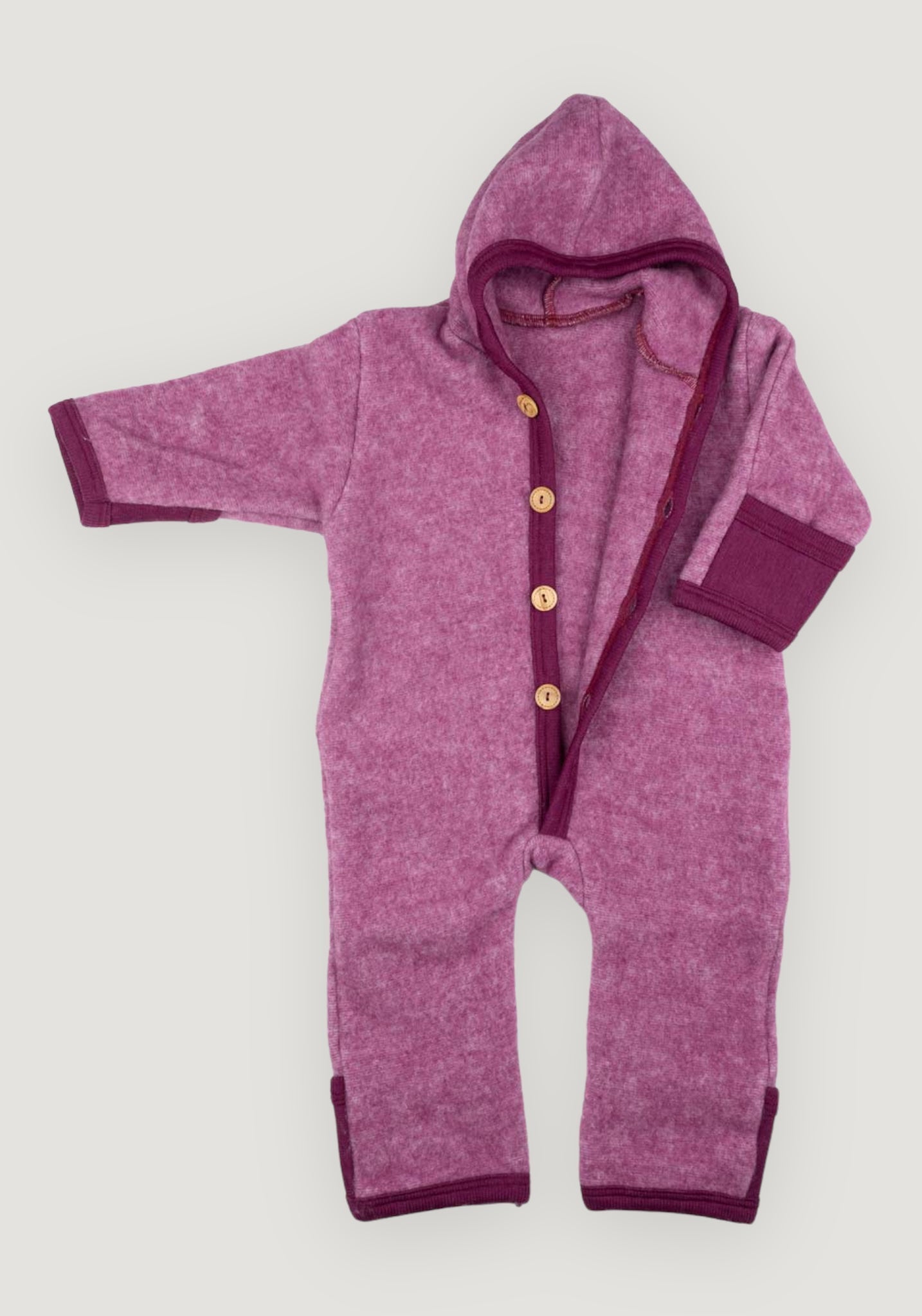 Overall fleece cu mănuși și botoși din lână merinos și bumbac - Wine Red Cosilana HipHip.ro