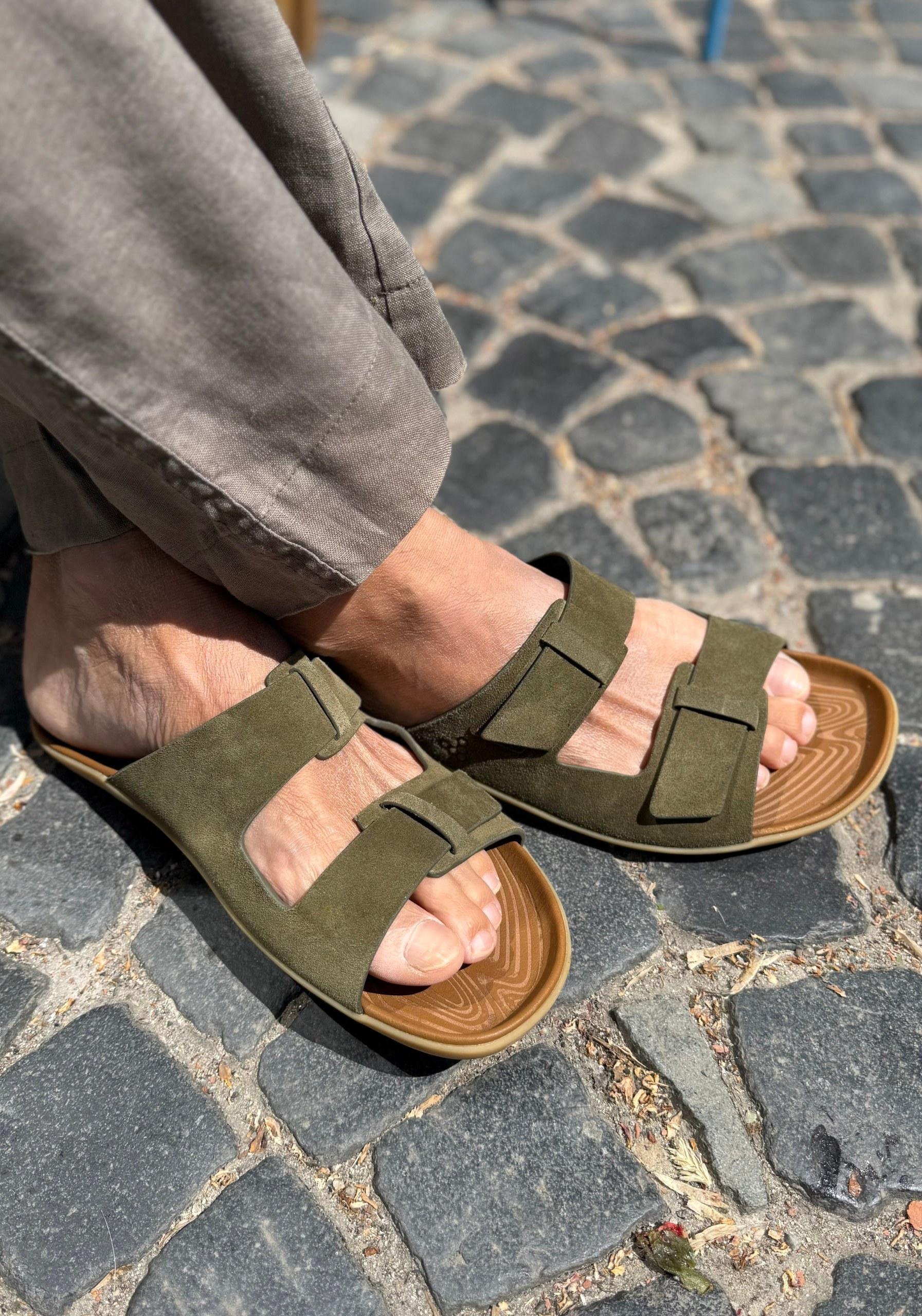 Sandale Barefoot din piele - Sensus Yin Slide Men Dark Olive