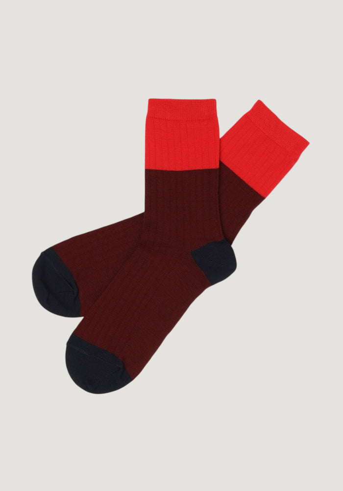 Șosete Rib extrafine din lână merinos - Colour Block Cranberry