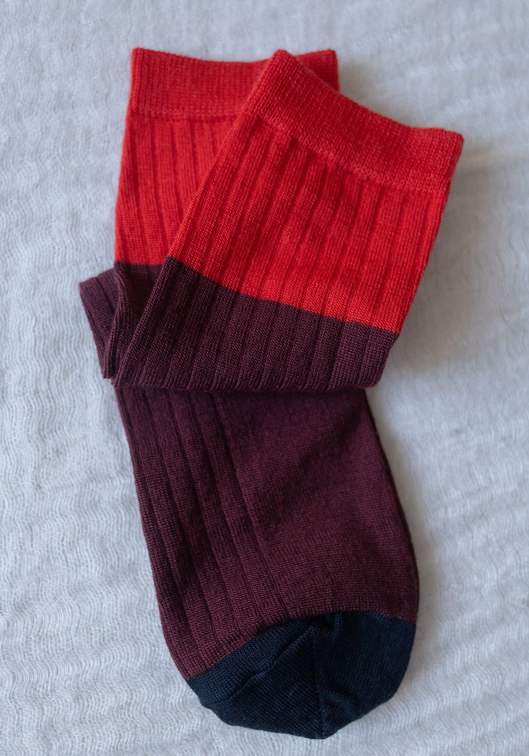Șosete extrafine Rib din lână merinos - Colour Block Cranberry