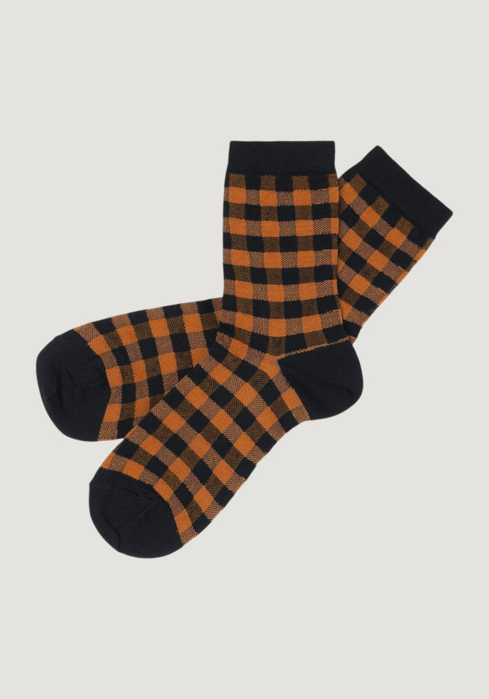 Șosete Plain din lână merinos - Check Dark Navy/Burnt Amber