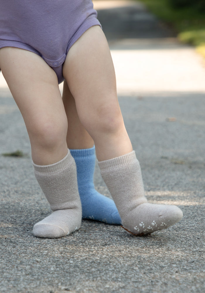 Șosete plușate cu stopper anti-alunecare din lână merinos - Beige Melange