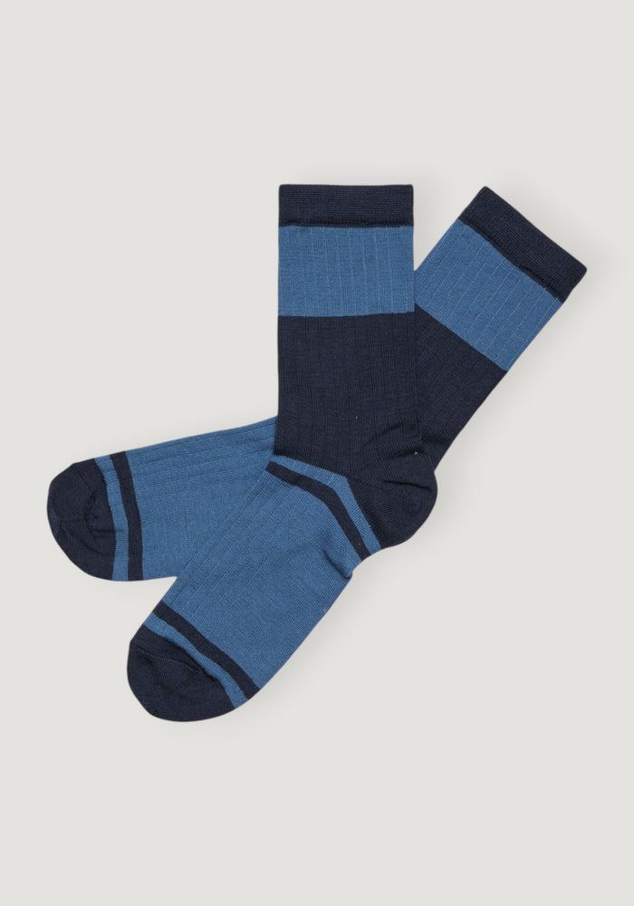 Șosete Rib din lână merinos - Colour Block Deep Indigo