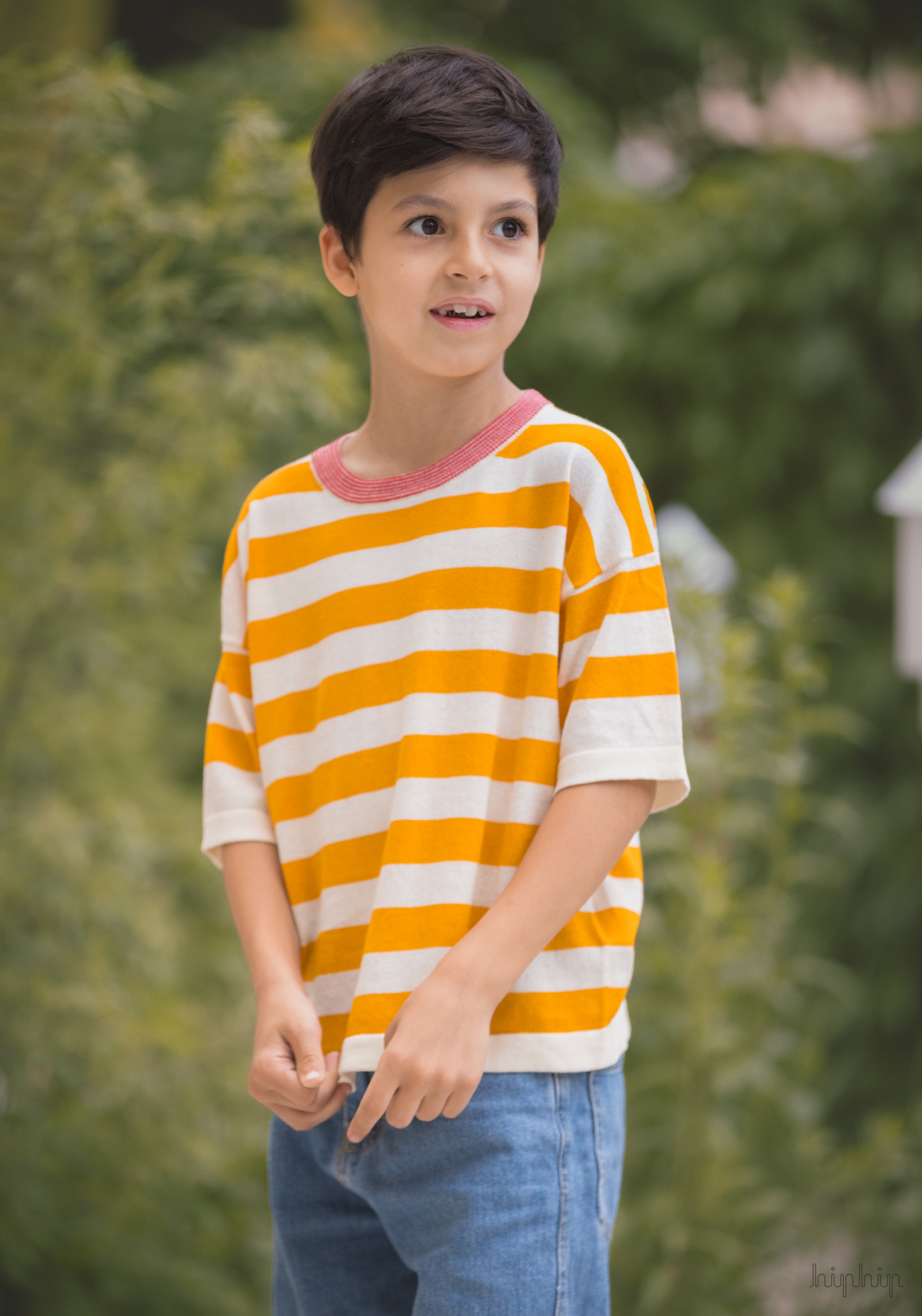 Tricou bumbac - Extrafin Stripe Ecru/Sunflower