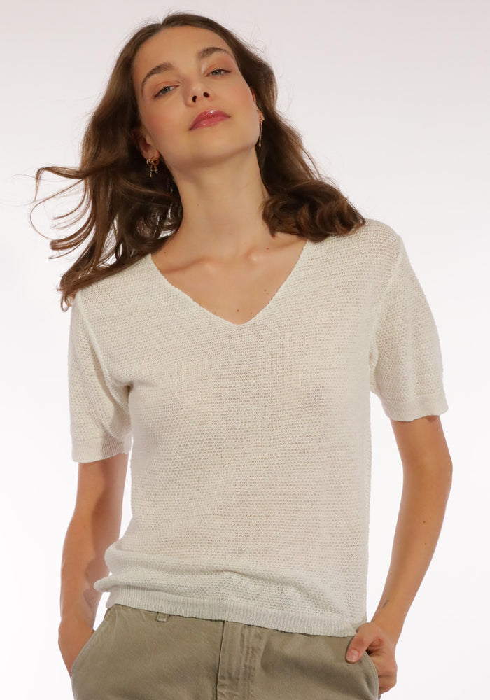 Tricou din in și bumbac - Giulia Off White