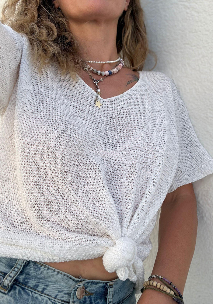 Tricou din in și bumbac - Giulia Off White