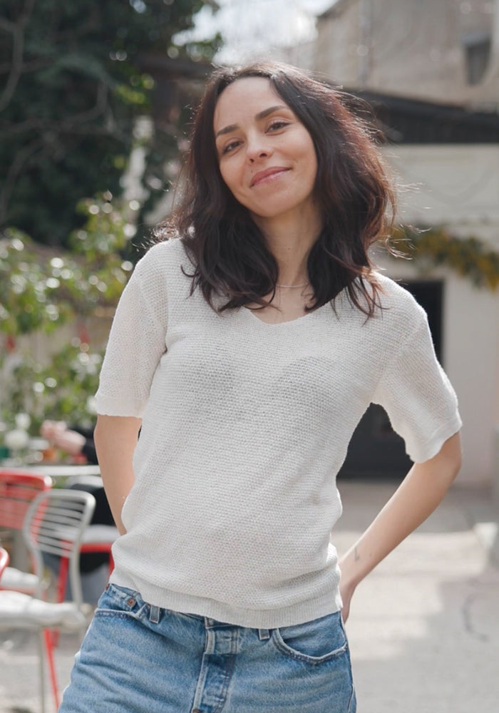 Tricou din in și bumbac - Giulia Off White