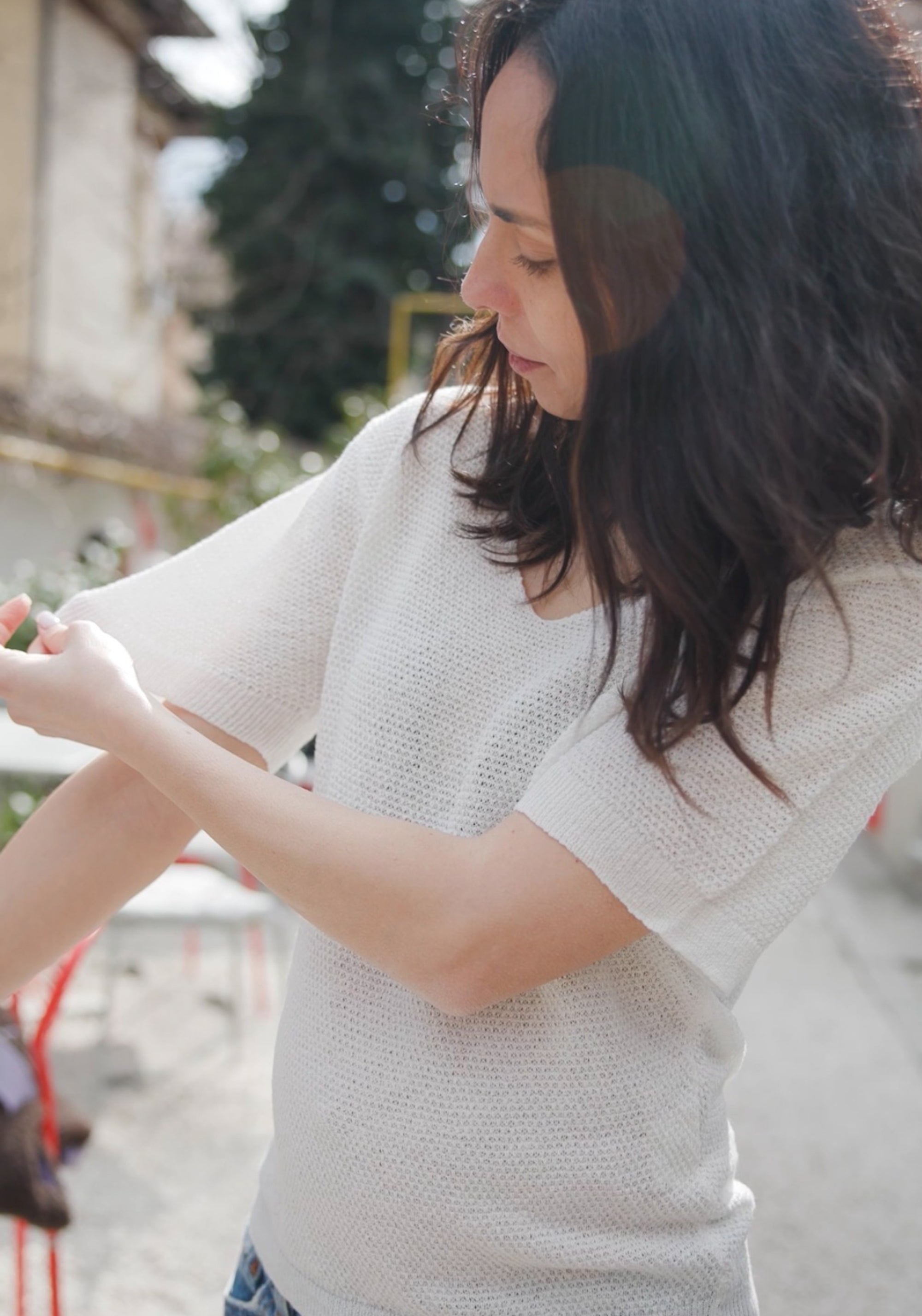 Tricou din in și bumbac - Giulia Off White