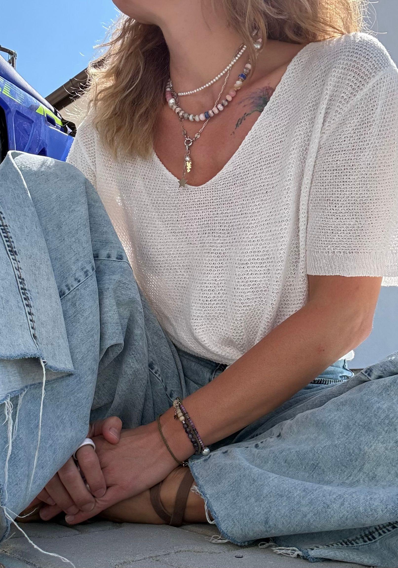 Tricou din in și bumbac - Giulia Off White