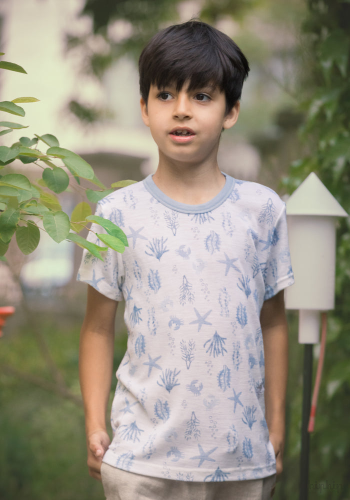 Tricou din lână merinos - Aqua Flora Light Blue