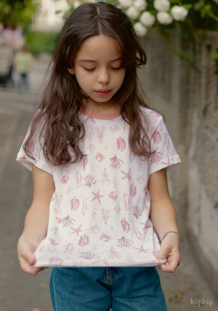 Tricou din lână merinos - Aqua Flora Light Pink