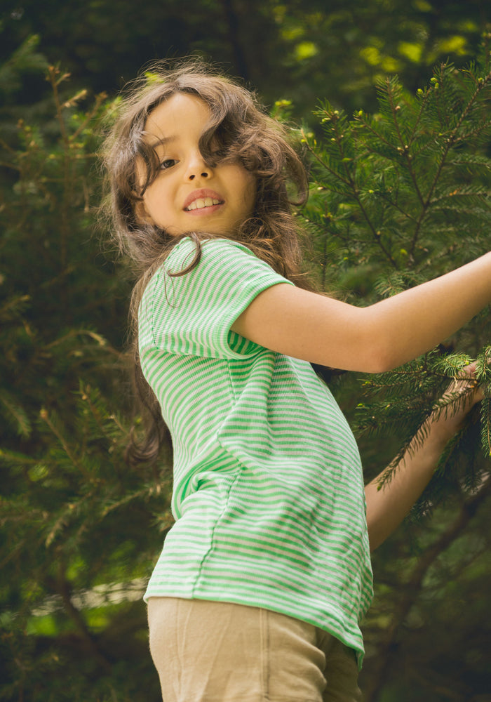 Tricou din lână merinos și mătase - Green Stripe