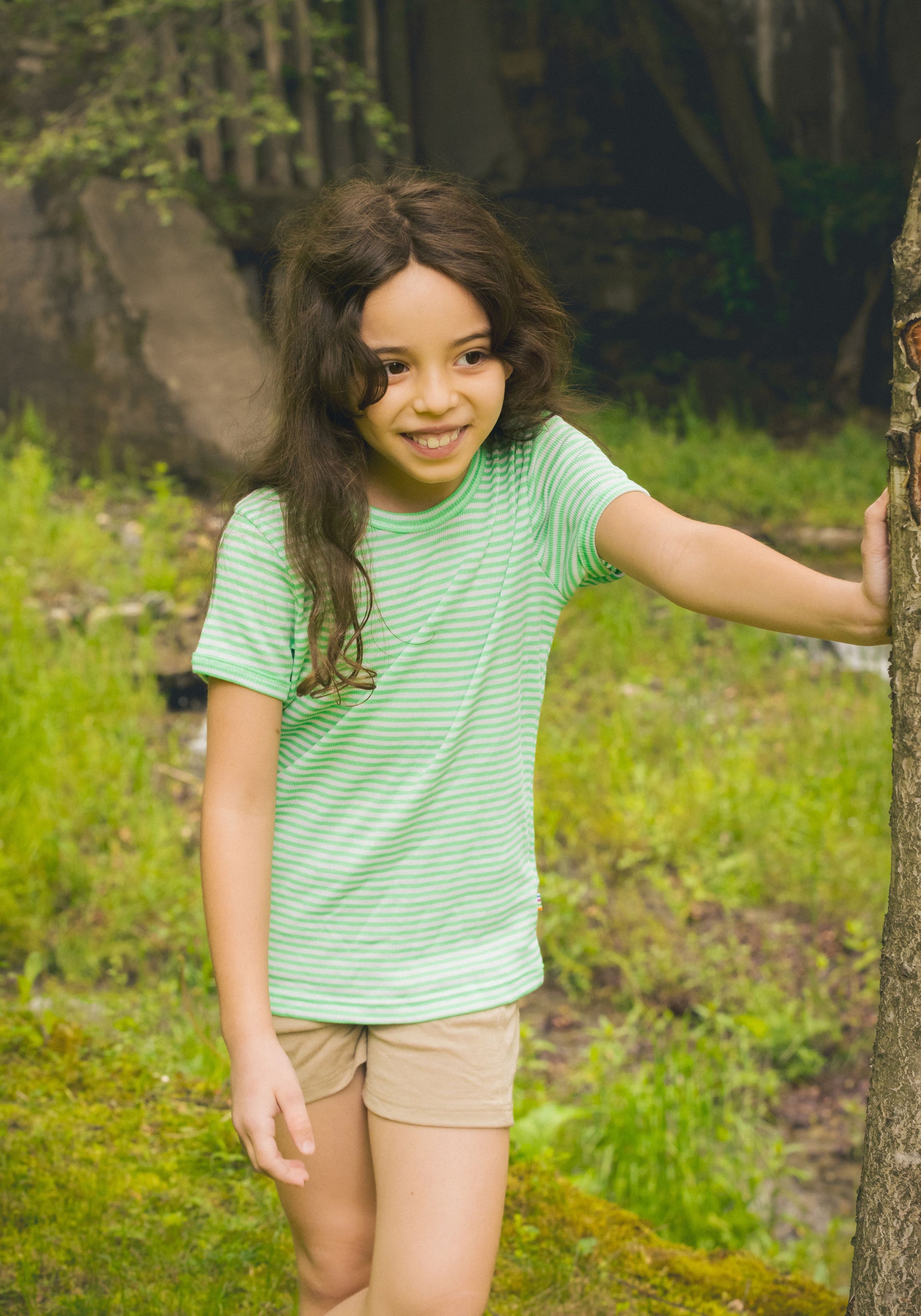 Tricou din lână merinos și mătase - Green Stripe