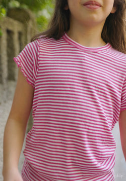 Tricou din lână merinos și mătase - Pink Stripe
