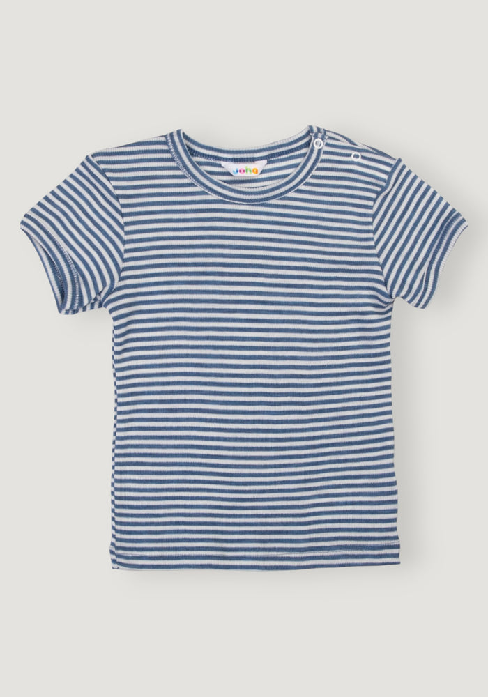 Tricou din lână merinos și mătase - Stripe Blue