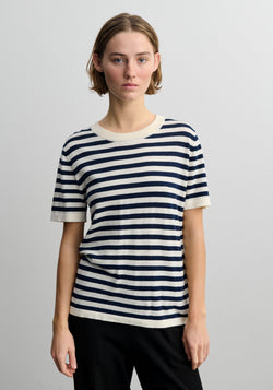 Tricou femei din bumbac - Extrafin Classic Stripe Ecru/Dark Navy