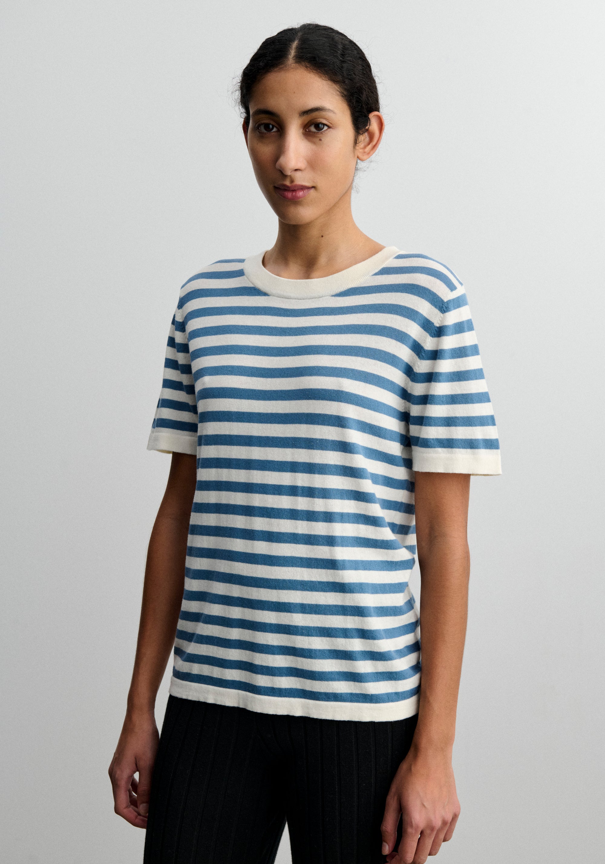 Tricou femei din bumbac - Extrafin Classic Stripe Ecru/Washed Indigo