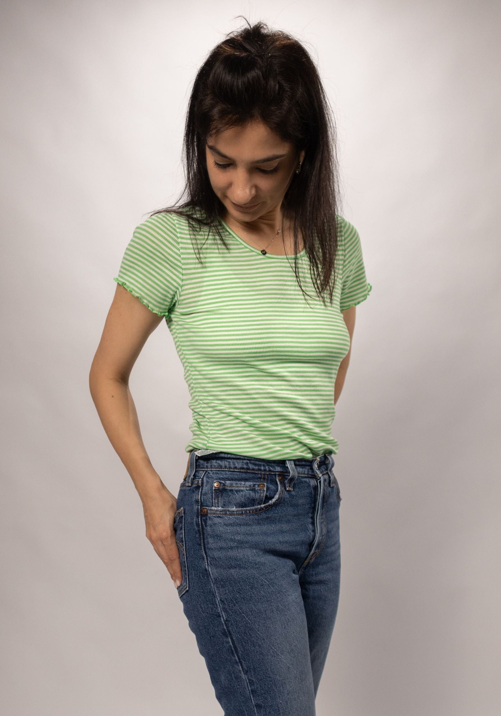 Tricou femei din lână merinos și mătase - Green Stripe