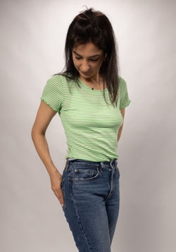 Tricou femei din lână merinos și mătase - Green Stripe