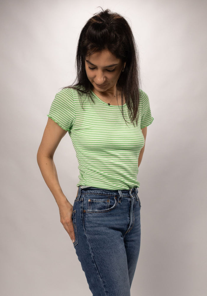 Tricou femei din lână merinos și mătase - Green Stripe