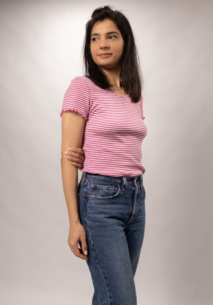 Tricou femei din lână merinos și mătase - Pink Stripe