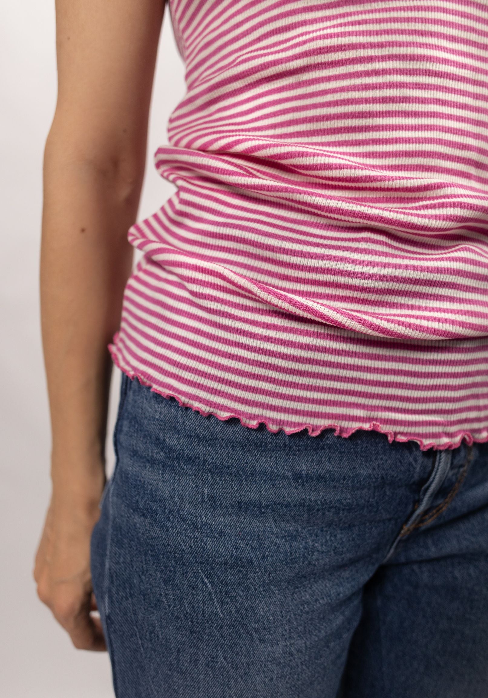 Tricou femei din lână merinos și mătase - Pink Stripe