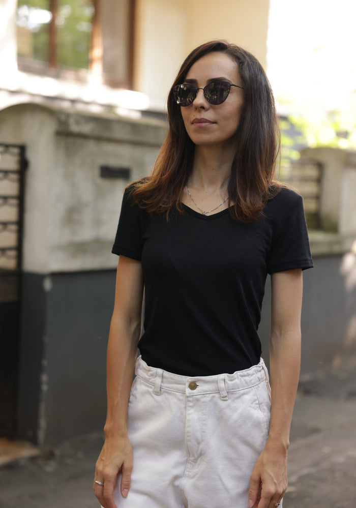 Tricou femei din lână merinos și mătase - Sara Black