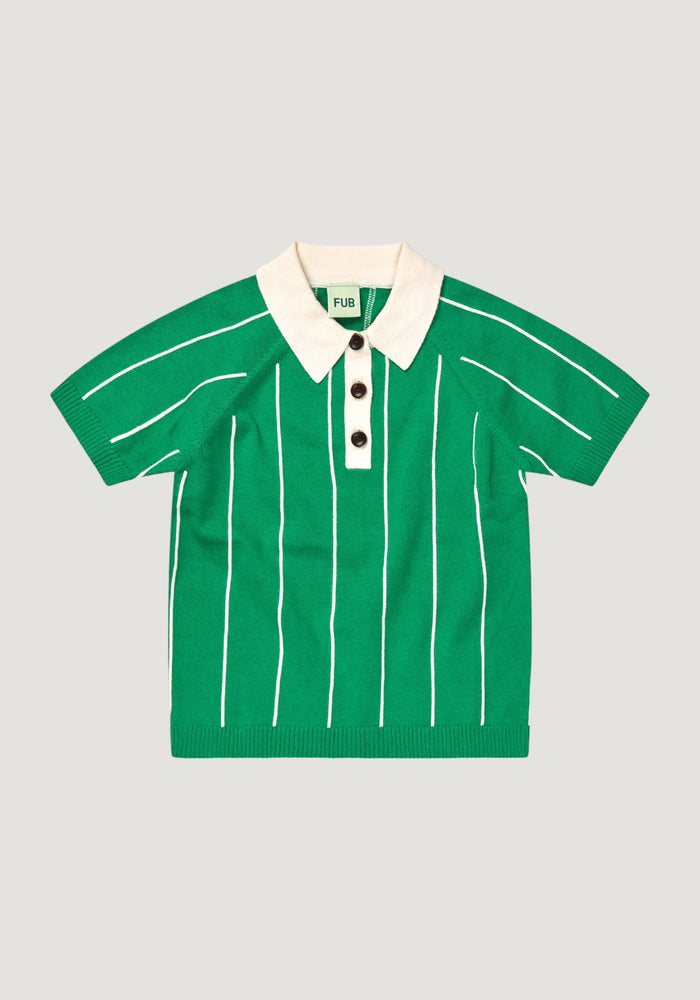 Tricou polo bumbac - Fine knit Striped Basil/Ecru