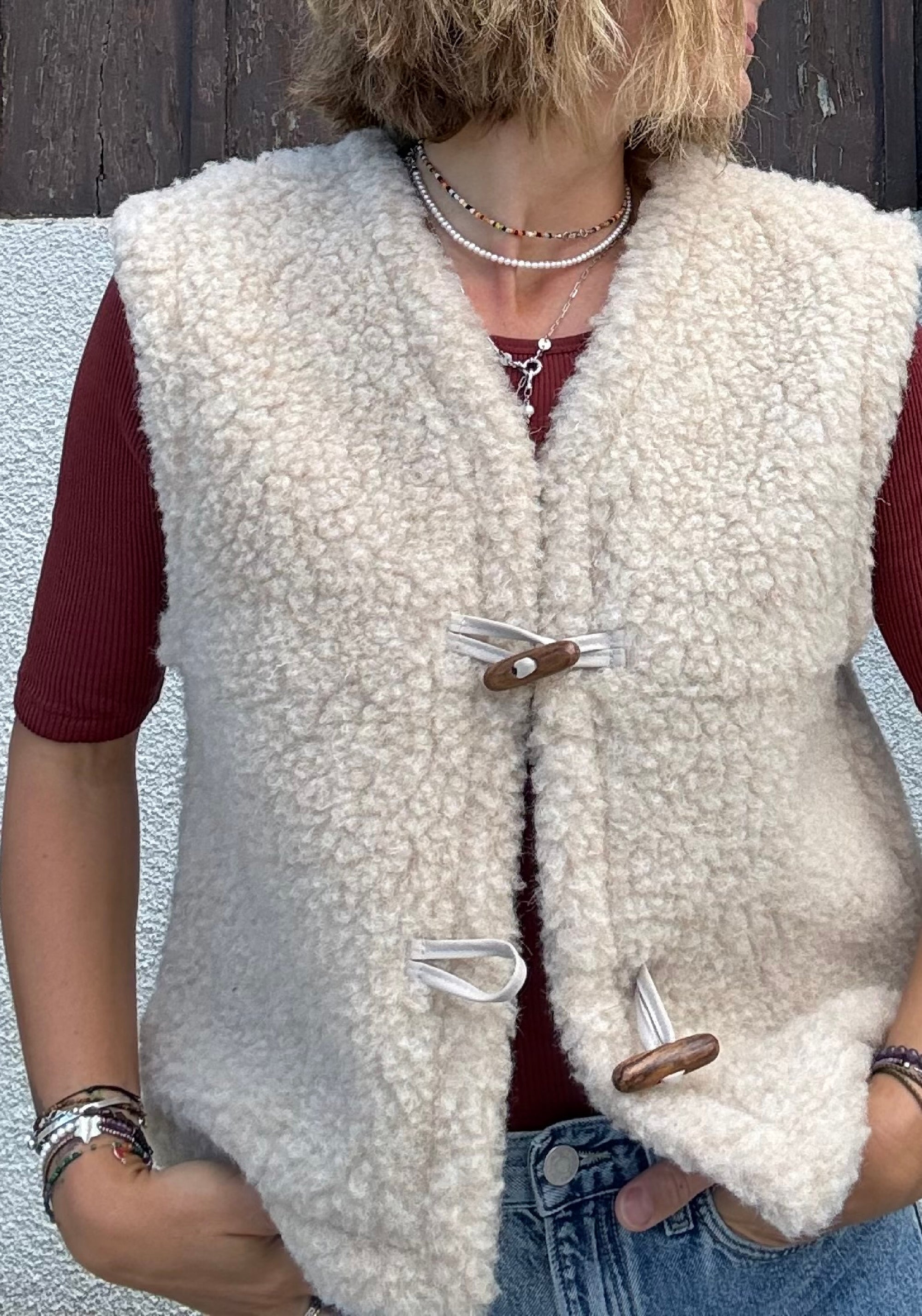 Vestă fleece din lână merinos - Teddy Almond