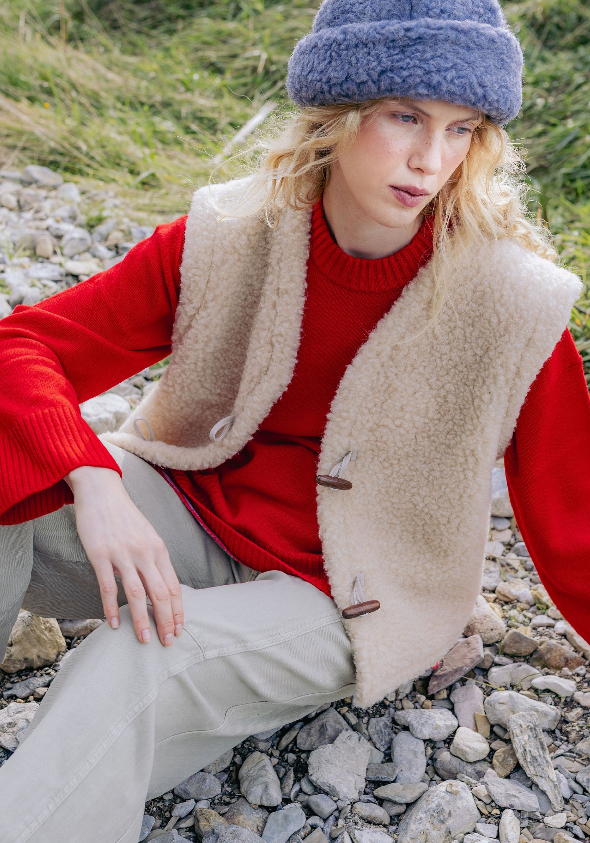 Vestă fleece din lână merinos - Teddy Almond