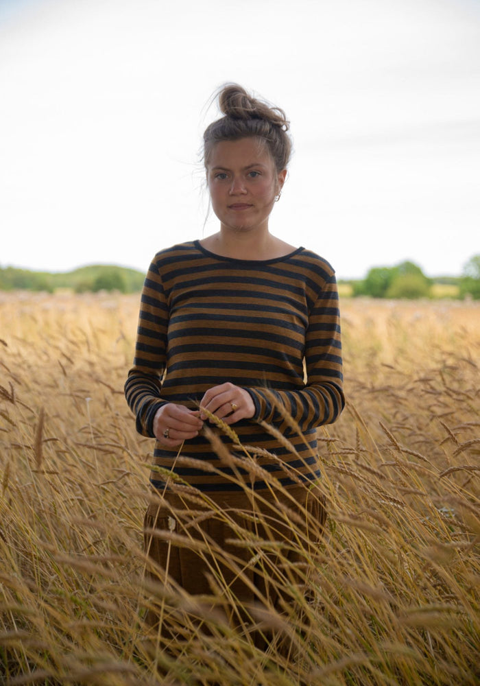Bluză femei din lână merinos - Mustard Stripe Melange Jalfe HipHip.ro