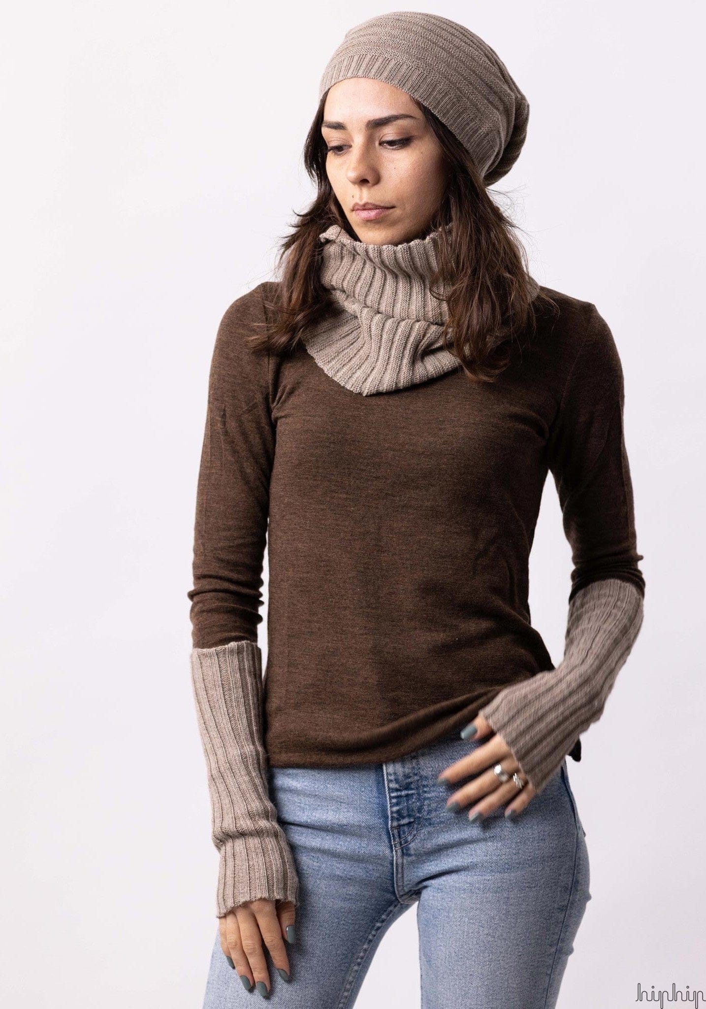Căciulă long beanie adulți baby alpaca - Beige Melange