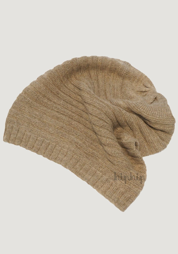 Căciulă long beanie din baby alpaca - Beige Melange