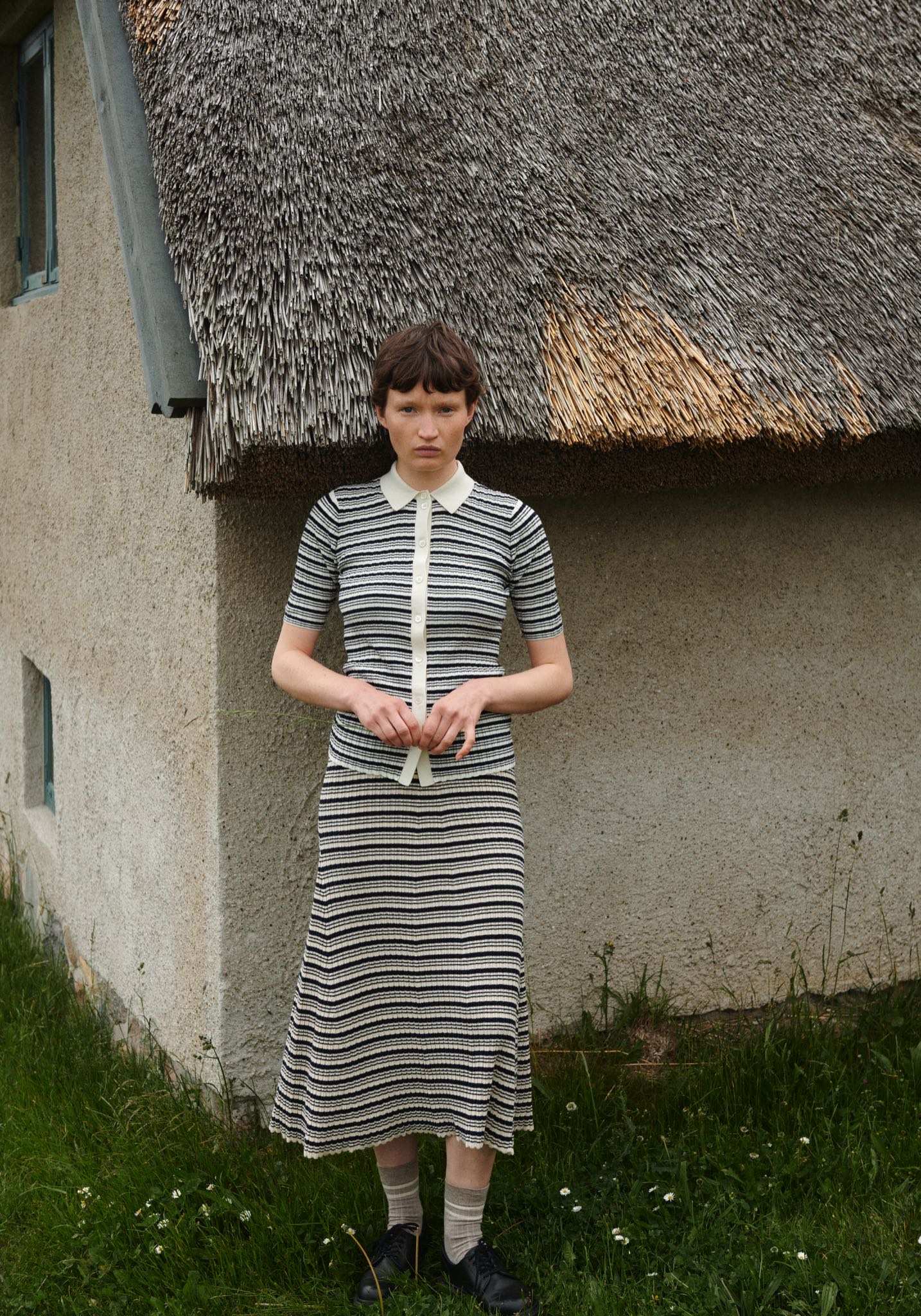 Fustă femei din bumbac - Fine knit Stripe Ecru/Navy FUB Woman HipHip.ro