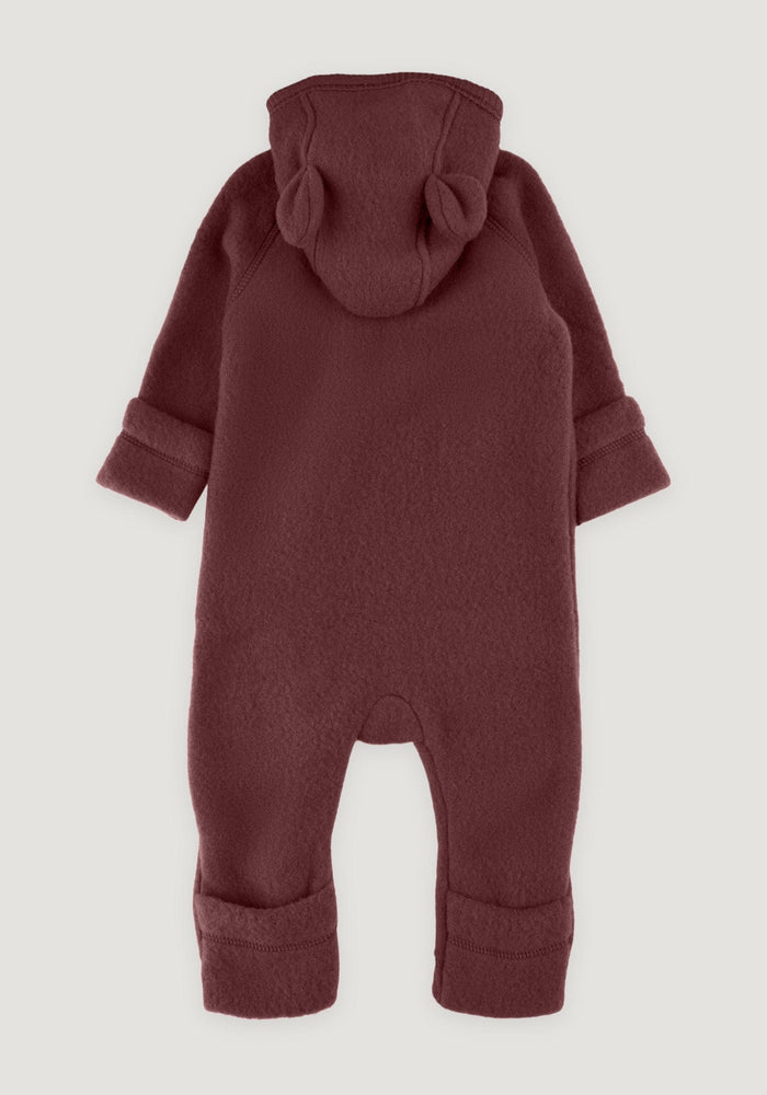 Overall fleece cu glugă, mănuși și botoși din lână merinos - Teddy Bear Chocolate Mikk-line HipHip.ro