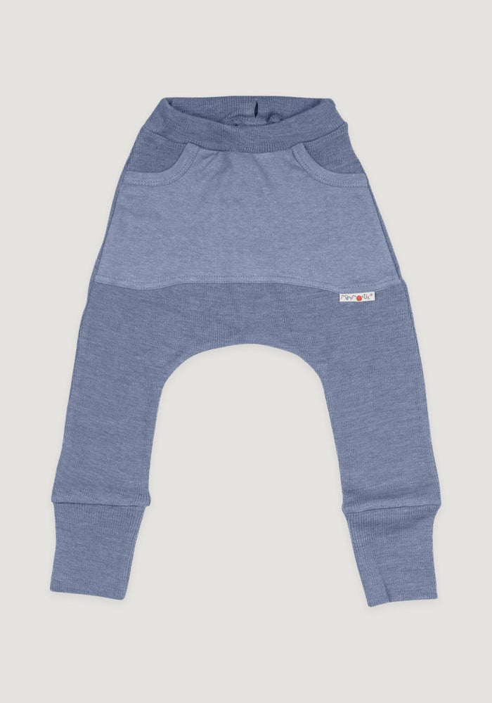 Pantaloni baggy din lână merinos - Kangaroo Blue Mist ManyMonths HipHip.ro