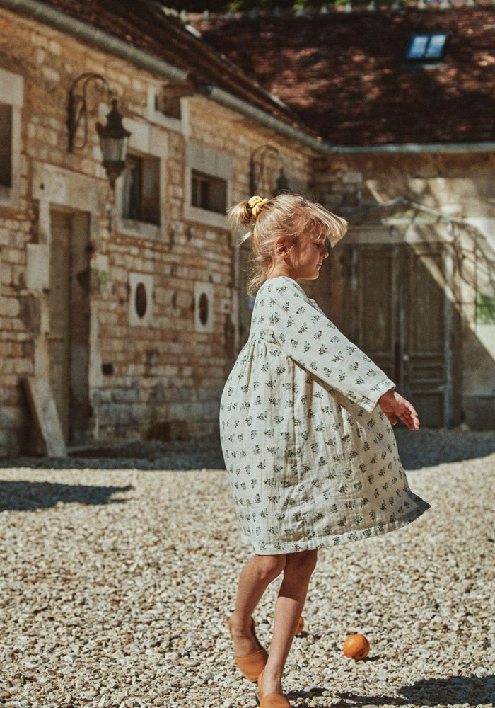 Rochie din muselină dublă de bumbac - Aubepine Fleurs Blue Fog Poudre Organic HipHip.ro
