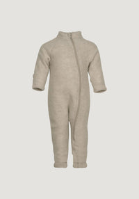 Overall fleece cu mănuși și botoși din lână merinos - Melange Offwhite Mikk-line HipHip.ro